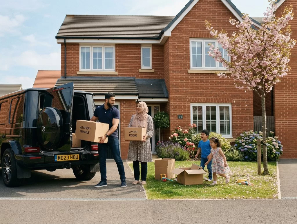 Family moving into a new home, unloading boxes with children playing on the front lawn